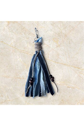 Dema Handcrafted Denim Bag Charm with Tassel and Bead Detail