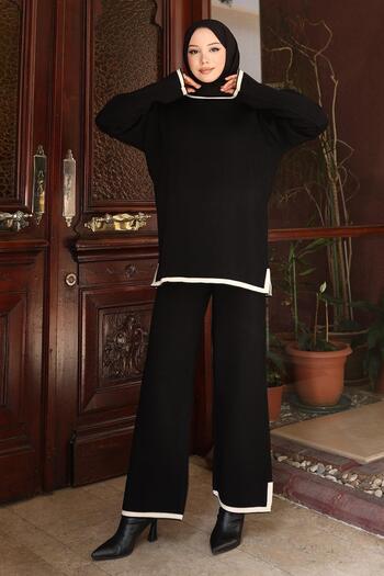 Modamihram Slit Detailed Knitwear Set Black 6152