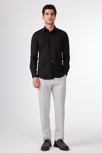 Dufy Black Solid Color Slim Fit Long Sleeve Men's Shirt