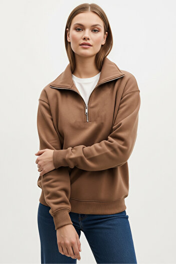 COMBİNE MİCHAİL Men's Half Zipper Loose Mink Sweatshirt