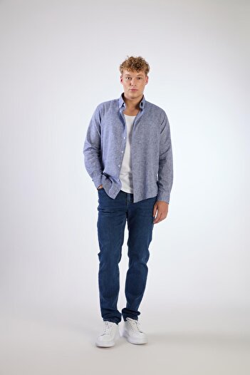 Dufy Dark Navy Linen Solid Color Regular Fit Men's Shirt