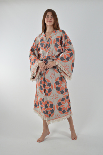 REİNA TEKS Kimono Kaftan Orange Gray Ethnic Floral 1 Piece Bohemian Bathrobe Unisex Jacquard Muslin Fabric