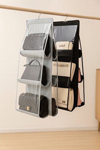 Textia Home Gray 6-Compartment Hanging Bag Organizer for Inside the Closet - Bag and Shoe Organizer - 6-Compartment Bag Hanger