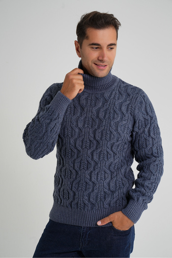 Trist Star Men's Indigo Fisherman Hair Braided Wool Sweater Trist-5354