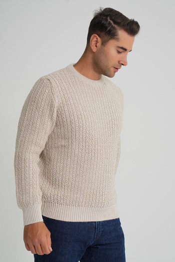 Trist Star Trist Star Men's Beige Cycling Collar Selanik Hair Braided Wool Sweater Trist-5352