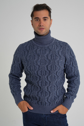 Trist Star Men's Indigo Fisherman Hair Braided Wool Sweater Trist-5354