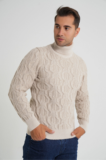Trist Star Men's Beige Fisherman Hair Braided Wool Sweater Trist-5354