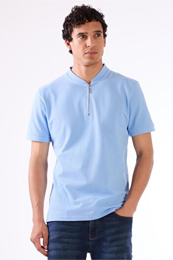 Dufy Blue Men's Slim Fit Patterned Polo Neck T-Shirt