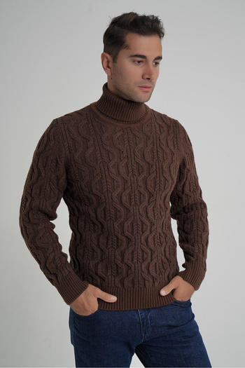 Trist Star Men's Brown Fisherman Hair Braided Wool Sweater Trist-5354