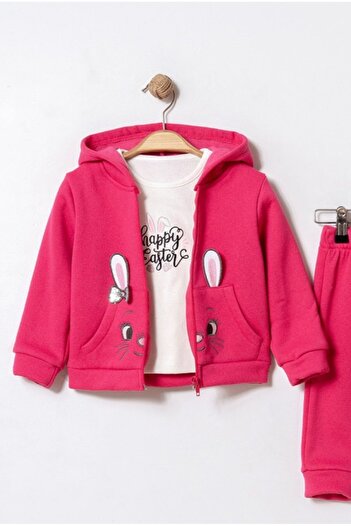 Chicsy Baby Baby Seasonal 3-Piece Set Rabbit Patterned Hooded Sweatshirt T-Shirt and Sweatpants