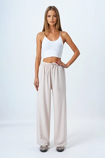 VAGGON Women's Beige Lace-Up Elastic Waist Palazzo Pants Vs00837
