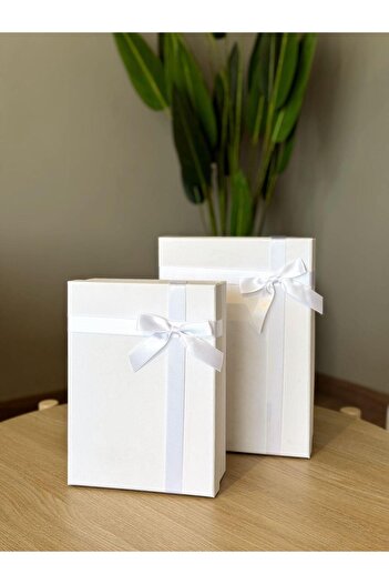 KOLİX Decorative White Bowknot Gift Box Set of 2 Rigid Cardboard Gift Box Rigid Box Groom-Dowry Box