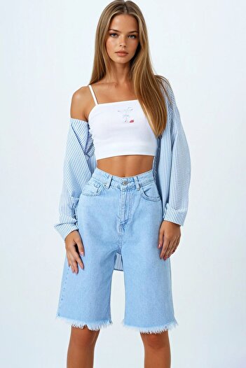 VAGGON Women's ice blue 5 pocket tassel leg denim shorts vs00857