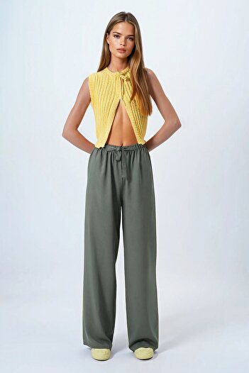 VAGGON Women's Khaki Lace-Up Elastic Waist Palazzo Pants Vs00837