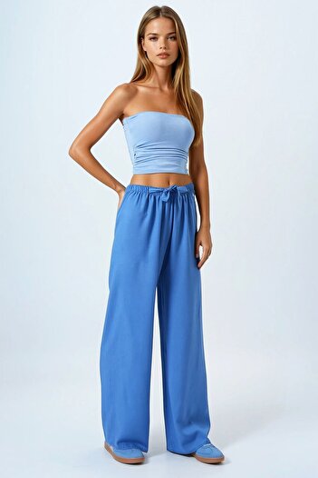 VAGGON Women's Indigo Blue Lace-Up Elastic Waist Palazzo Pants Vs00837
