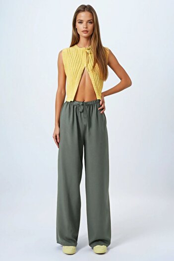 VAGGON Women's Khaki Lace-Up Elastic Waist Palazzo Pants Vs00837