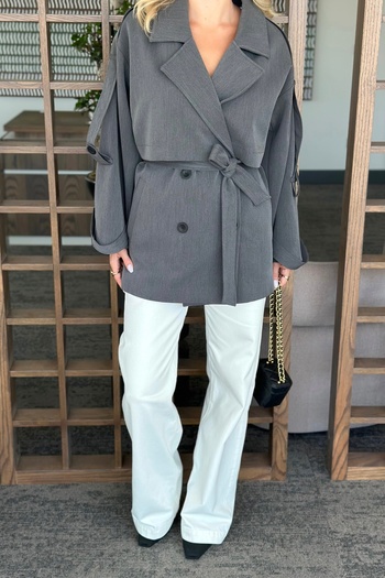 Laluvia Anthracite Oversize Off-Shoulder Short Trench Coat - 9580