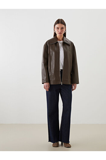 LC Waikiki Shirt Collar Oversize Women's Leather Look Jacket
