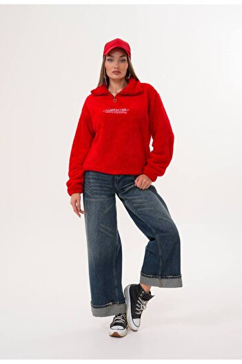 369 etnik butik Women's Teddy Plush Fleece Sweatshirt – Half Zipper Turtleneck