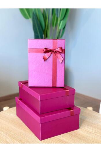 KOLİX Decorative Fuchsia Bowknot 3-Piece Gift Box Set Rigid Cardboard Rigid Box Gift Box