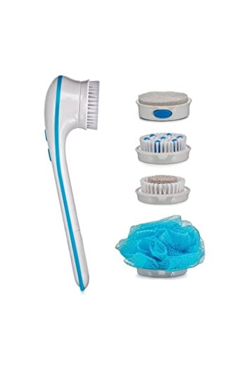 FOXMAG24 Electric Rotating Shower Brush, 5 Removable Heads, Long Handle, AA Battery Powered