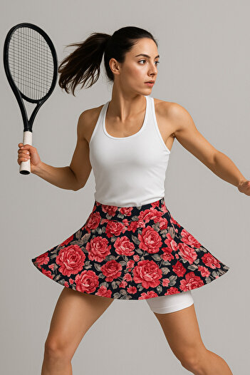 rood Stretchy Lycra Patterned Tennis Skirt with Tights