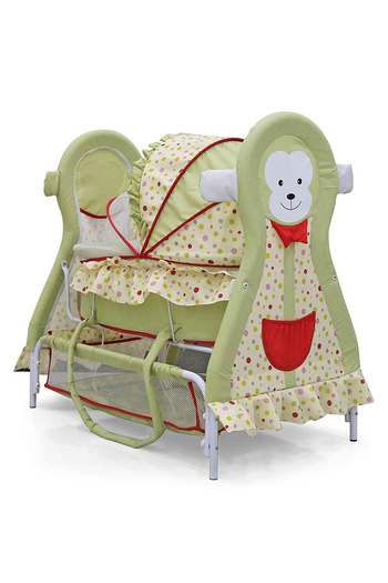 Babyhug Monkey Green Cradle with Mosquito Net & Wheels for 0-8 Months - L 96 x W 57 x H 93 cm