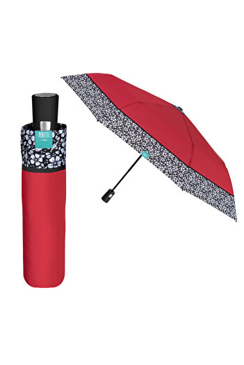 Perletti Mini automatic folding rain umbrella red with embroidery
