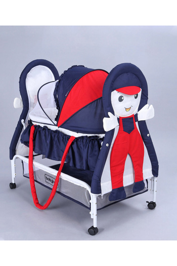 Babyhug Boy Print Durable Cradle, Mosquito Net, Swing Lock, Wheels, 0-9M - Blue/Red 95x55x94cm