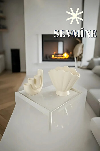 SEVMİNE ✨   Cream Duo Set of 2 Vases & Candle Holders – Oyster Shape Vase & Set of 4 U Shape Cream Candle Holders