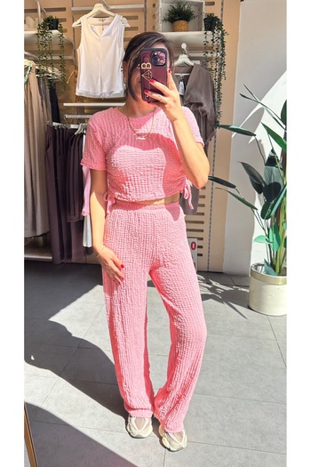 floral fashıon Bubble Knitted Fabric Women's Casual Wear Set with Lace-Up Sides