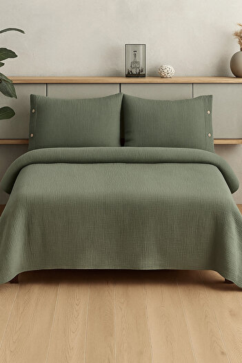 CollessiaHome 100% Cotton 4 Layer Double Muslin Bedspread Set Bedspread Set - Khaki