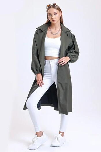 cottonage Women's Double Pocket Balloon Sleeve Belted Trench Coat