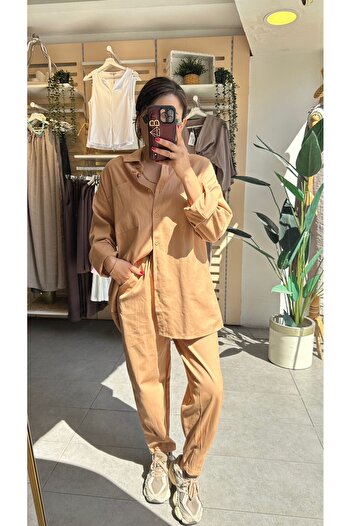 floral fashıon Women's Washable Gabardine Shirt & Carrot Pants Set Oversize Fit Relaxed Cut