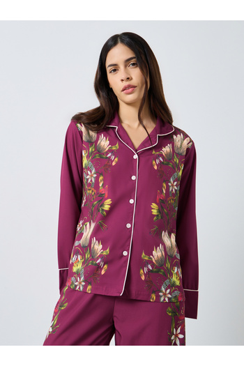 Styli Satin Floral Print Piped Trim Detail Shirt and Pyjama Set