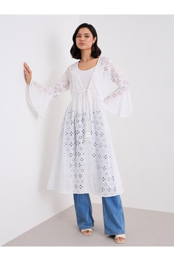 Styli White Schiffli Kimono with Tie-Front