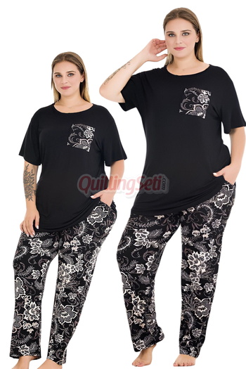 quilling Black Color and Floral Pattern 11011 Short Sleeve Women Plus Size Mom Pajamas Set