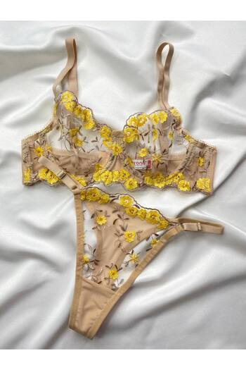 vellora Women's Yellow Floral Pattern Design Brode Bra Set