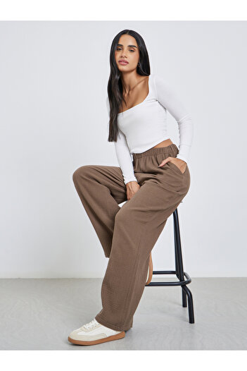 Styli Women Brown Double Gauze Wide Leg Pants