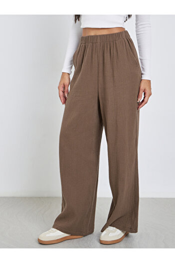 Styli Women Brown Double Gauze Wide Leg Pants