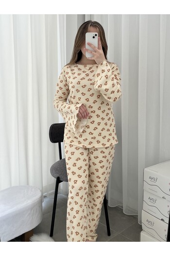 Lena Homewears Teddy Bear Patterned Powder Waffle Premium Pajama Set
