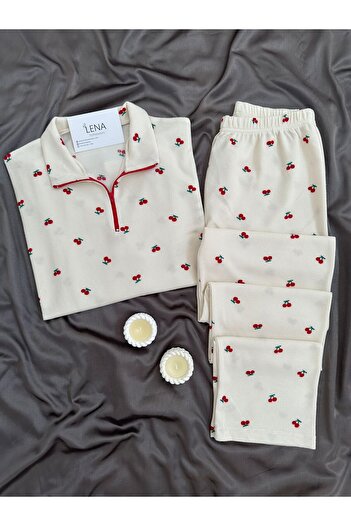 Lena Homewears Red Cherry Patterned Ecru Waffle Premium Pajama Set