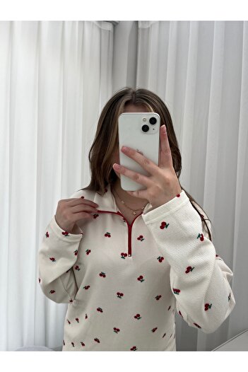 Lena Homewears Kırmızı Kiraz Desenli Ekru Waffle Premium Pijama Takımı