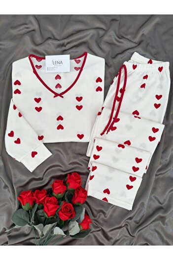 Lena Homewears Red Heart Patterned Ecru Waffle Premium Pajama Set