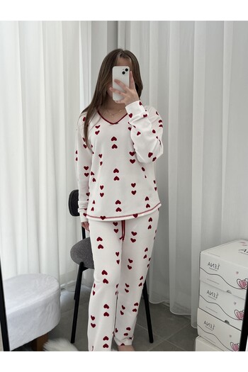 Lena Homewears Red Heart Patterned Ecru Waffle Premium Pajama Set