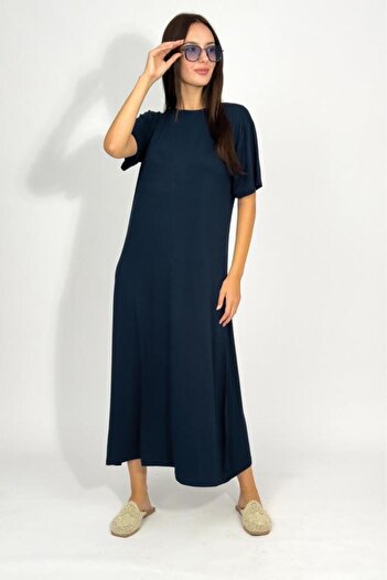 Betimoda Women's Summer Short Sleeve Viscose Midi Length Crew Neck Dress Navy Blue
