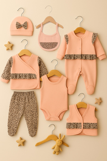 bebekpare Baby Girl Hospital Discharge Set Leopard Patterned 100% Cotton 8 Pieces