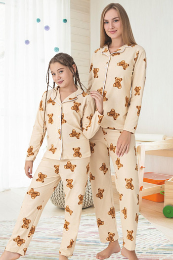 Zekalya Mother-Daughter Matching Outfit (Sold Separately) Teddy Bear Pattern Shirt Collar Pajama Set