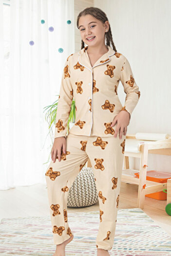 Zekalya Mother-Daughter Matching Outfit (Sold Separately) Teddy Bear Pattern Shirt Collar Pajama Set