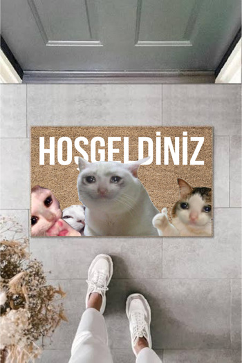 Tahtakale Toptancısı Welcome Written Cat Patterned Non-Slip Base High Quality Digital Printing Doormat
